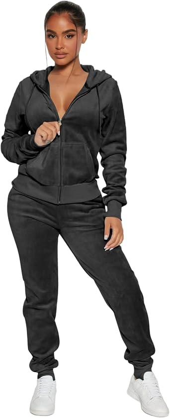 Womens 2 Piece Y2K Velour Tracksuit, Zip Cropped Hoodie&Jogger Pants Outfit