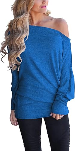 Poetsky Women's Long Sleeve Off Shoulder Tunic Tops Loose Casual Oversized Shirts Blouse