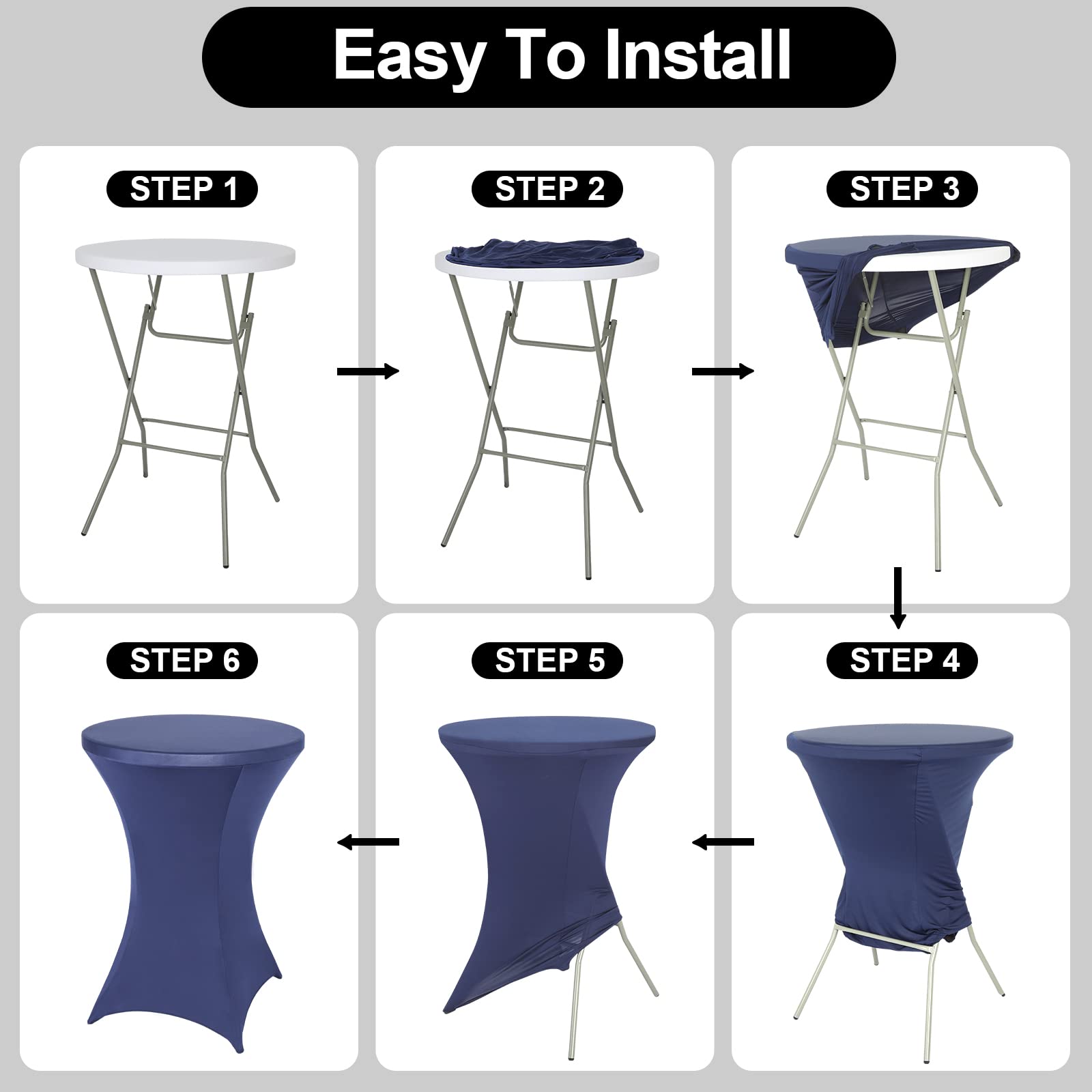 FestiCorp Paquete de 10 fundas ajustables de elastano para mesa de cóctel, mantel elástico para fiestas, bares, bodas, cumpleaños, banquetes, color azul marino, 30-32 pulgadas de diámetro x 40-43