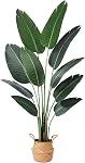 Ferrgoal Artificial Plants Bird of Paradise Plant 5Ft Fake Plant Fake Tropical Palm Tree with 10 Leaves and Black Pot in Woven Seagrass Belly Basket for Home Indoor Outdoor Office Decor Green 1 Pack