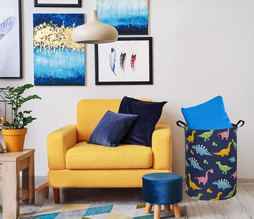 Essme Kids Dinosaur Laundry Basket Dinosaur Storage Bin Collapsible Canvas Waterproof Coating Boys Hamper For Toy Bins,Baby Hamper,Boys Room Decor(Navy Blue Dinosaur) #TOP2