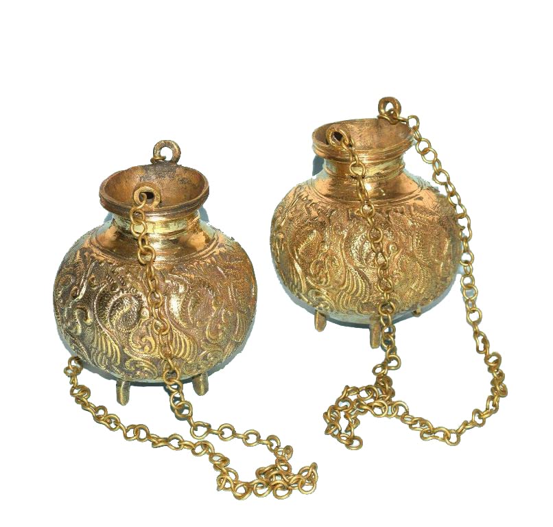 Uniquebazar4u Brass Hanging Water Pot Kalash Peacock Designer Traditional Lota Set of 02 Pieces Hanging Pot