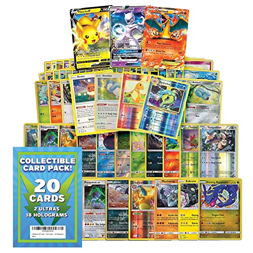 Pokemon 20 Total Cards – 2 Ultra Cards + 18 Holograms - Tabletop Trading Card Game - Cards Are Randomized - No Common Cards - Tcg #TOP19