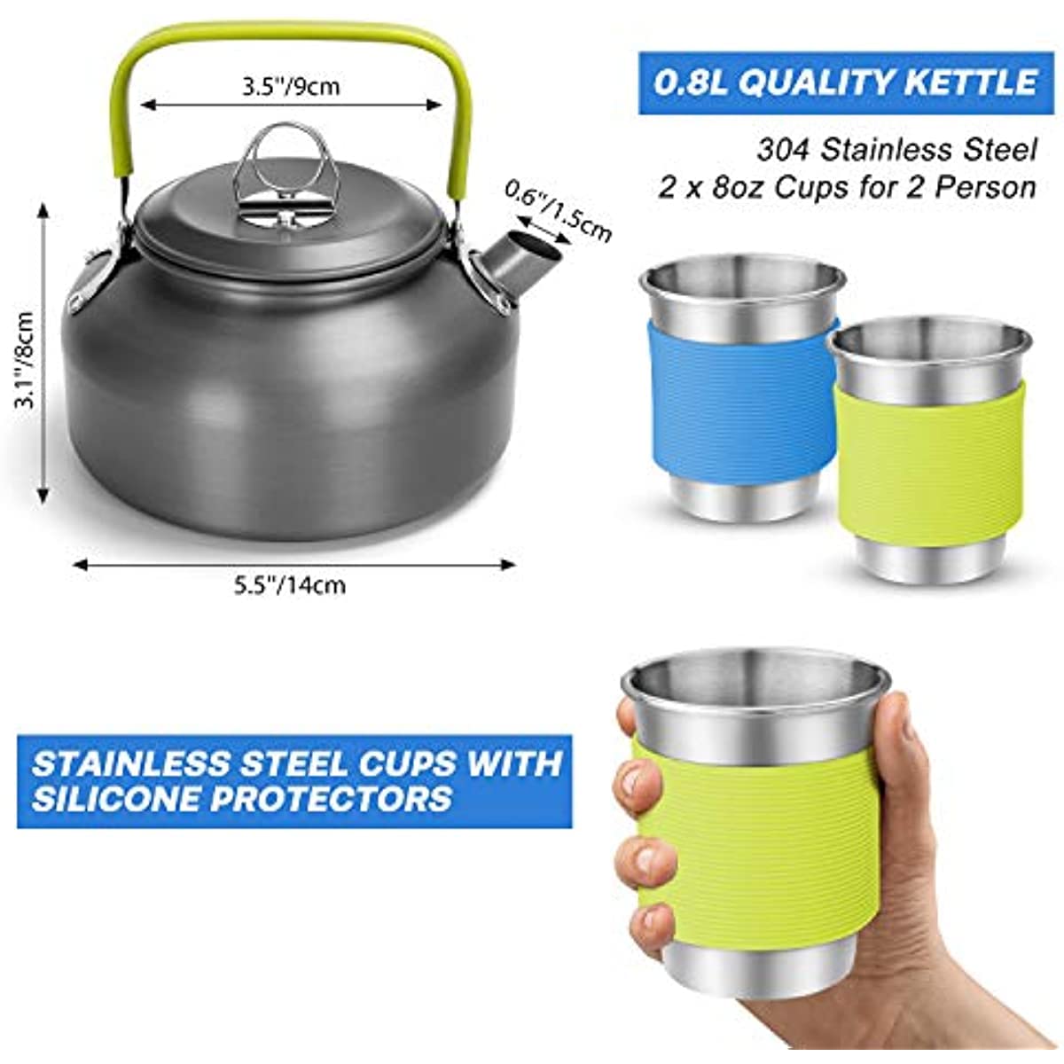 Set di stoviglie da campeggio con 0,8 l, set di pentole da campeggio e bicchiere, in alluminio leggero, set di pentole pieghevoli per cucina all'aperto