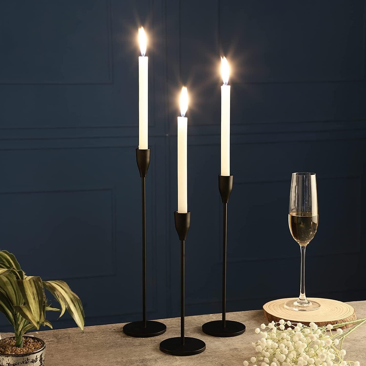 Kandelaber Schwarze Kerzenhalter, Set mit 3 hohen, modernen, schlanken, konischen Kerzenhaltern aus Metall Kerzenständer (Color : Siyah, Size : 24 * 8cm)