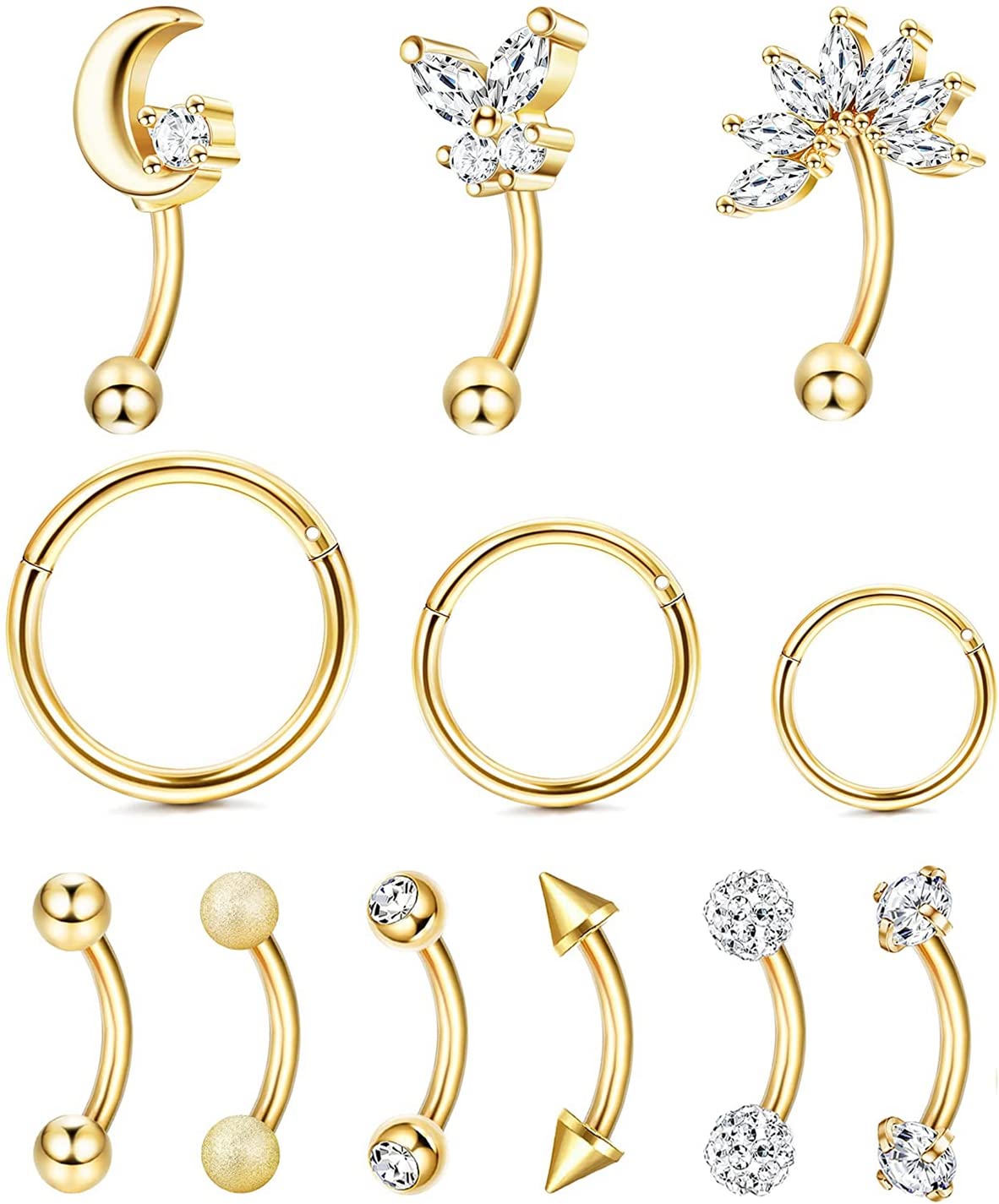 CASSIECA12pcs 16G Rook Piercing Joyas Anillos de Cejas Acero Inoxidable Labio del Vientre Ring Cartílago Aro Rook Daith Pendientes Tragus CZ Piercing para el Cuerpo con Barra Curva
