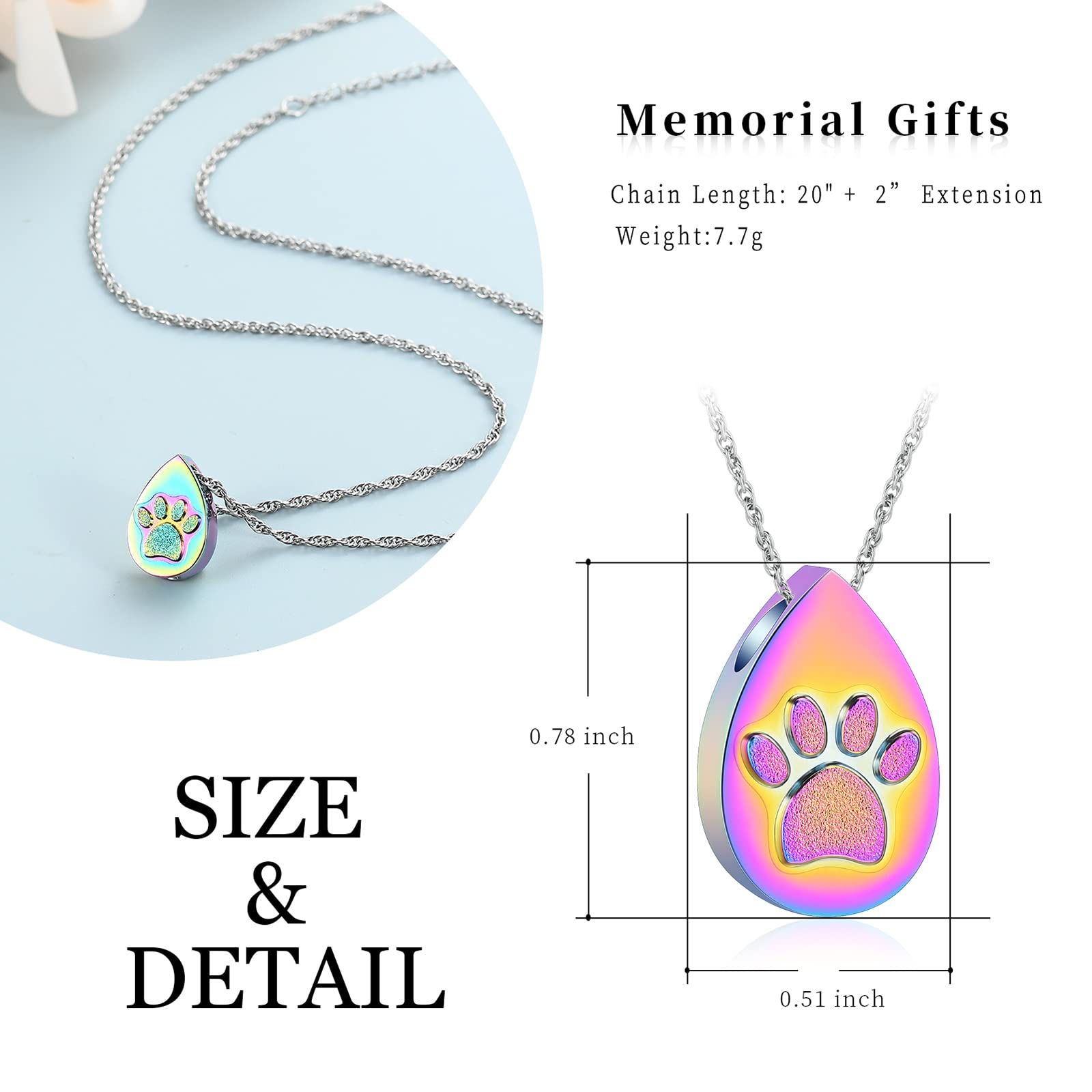 Imrsanl Teardrop Urn Necklace for Ashes Paw Print Cremation Jewelry for Ashes for Dog's/Cat's, Pet Pendant Memorial Gifts for Men Women (Colorful)