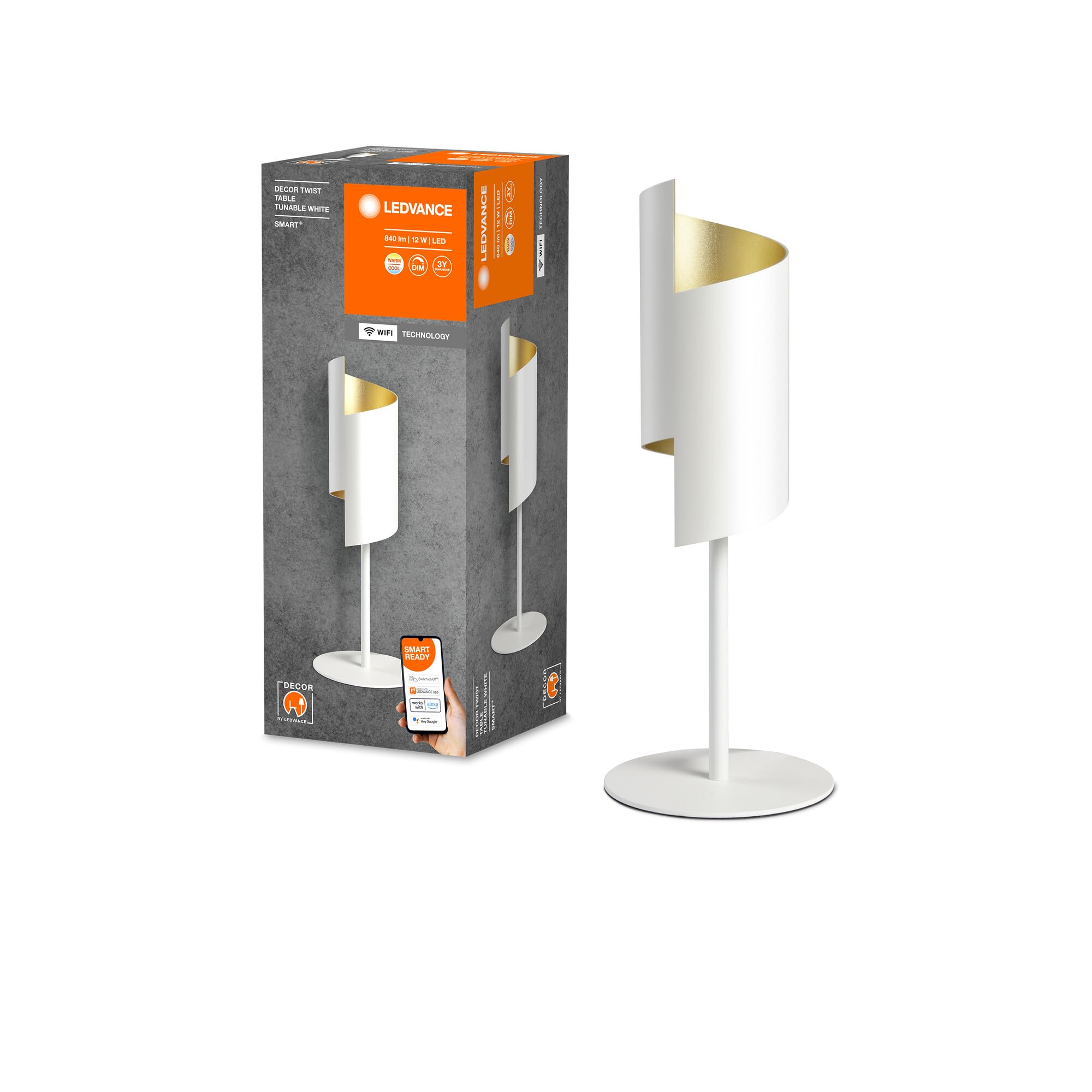 LEDVANCE SMART+ DECOR Twist lampada da tavolo WiFi, bianca, 12W, 840lm, luce bianca regolabile 3000-6500K, DIM, luce verso l'alto e il basso, controllabile tramite app, compatibile con Amazon, Google