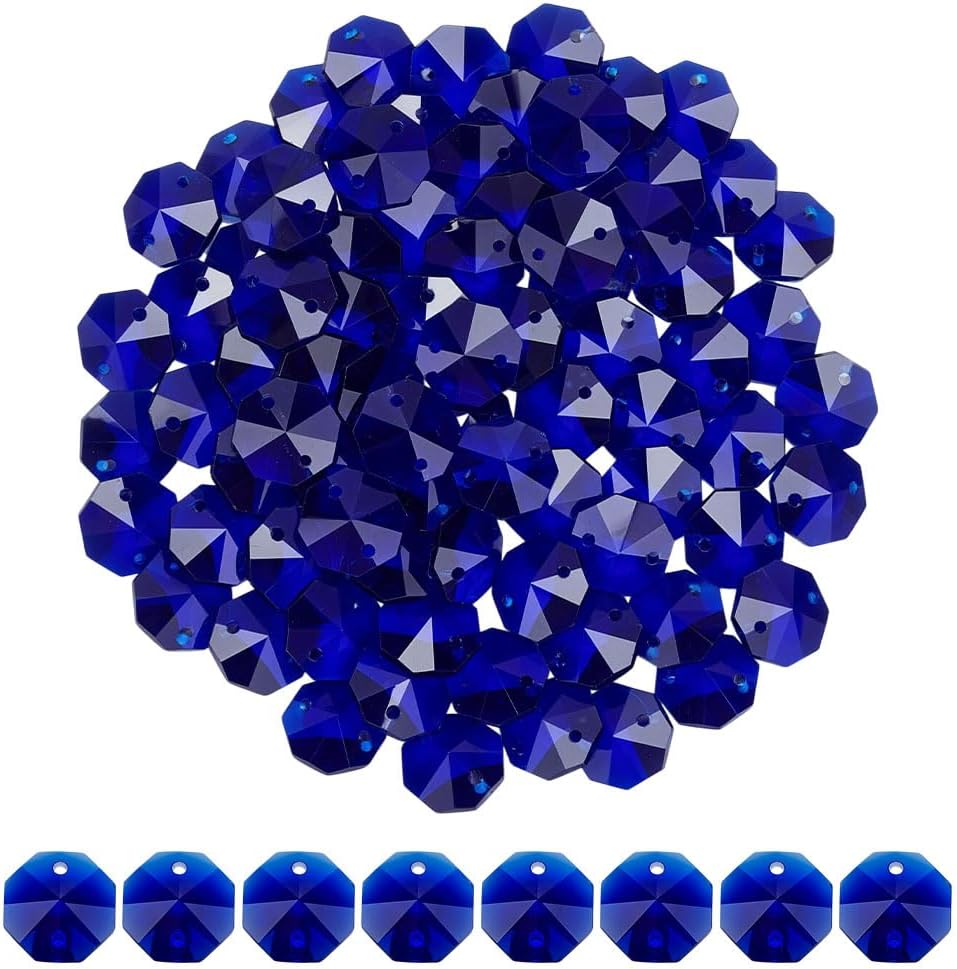 80Pcs Crystal Octagon Beads 2 Holes Blue Faceted Glass Sew on Rhinestones Chandelier Prism Beads Suncatcher Bead for Lamp Hanging Pendant Home Decoration Jewelry Making DIY Crafts