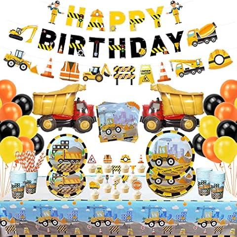 Ywediim Construction Birthday Party Supplies - Dump Truck Banner, Tablecover, Plate, Cups, Straws, Napkins, Balloons, Cake Toppers, Truck Foil Balloon, Serves 20 Guests For Kids Birthday Party Cover