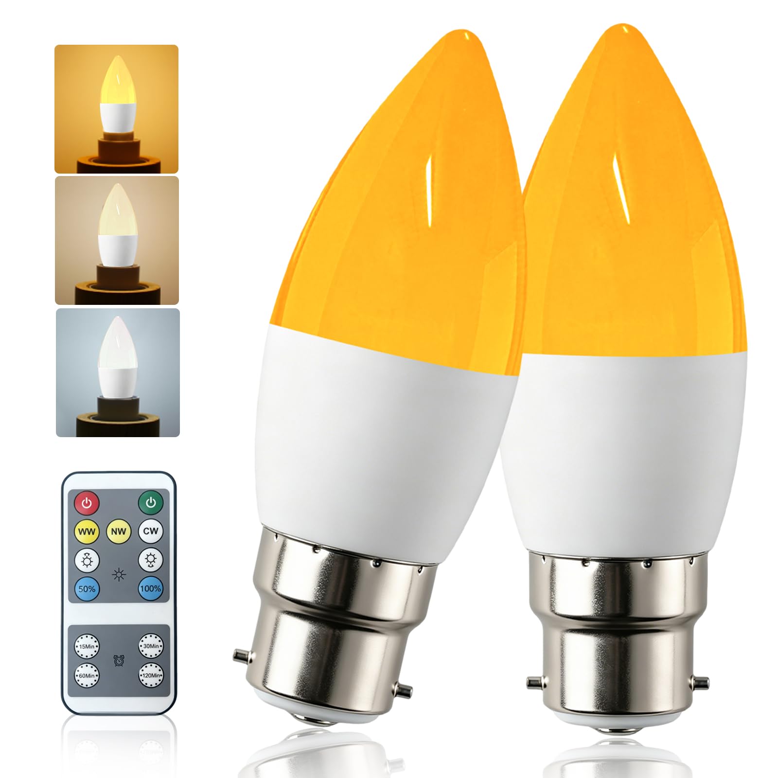BrightWish Dimmable Candle Light Bulbs Bayonet 4W, C37 B22 LED Bulb with Remote Control, 3000K/4000K/6000K, Energy Saving Candle Bulbs Bayonet for Chandelier, Table lamp, Pendant Light, 2-Pack