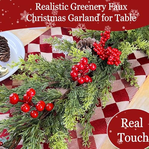 6 Ft Christmas Garland - Real Touch Cedar Garland with Red Berry Clusters Pinecones by 90 Cedar Branches, Realistic Greenery Faux,Christmas Garlands for Mantle Fireplace Table Centerpiece Decor by Grandeal - Image 2