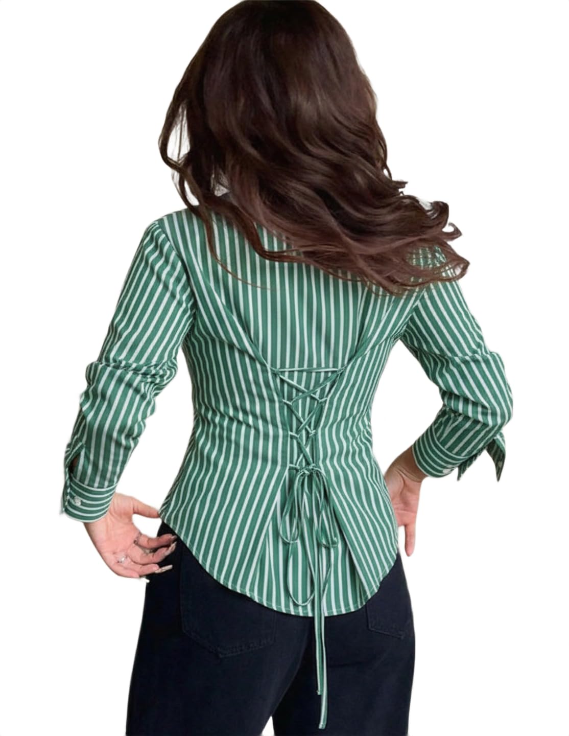 maykr Women's Striped Shirt, Green and White Vertical Stripes, Long Sleeve, Button Down, Lace-Up Back Detail-picture-53