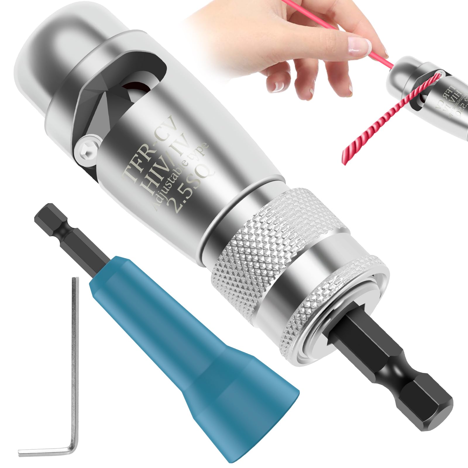 Sutowe Wire Stripper and Wire Nut Twister Set Electric Wire Peeling Stripper Wire Twisting Tool 2.5/4/6 Square Adjustable Wire Twisting Stripping Tool Electrician Scrap Cable Peeler Tool(Silver+Blue)