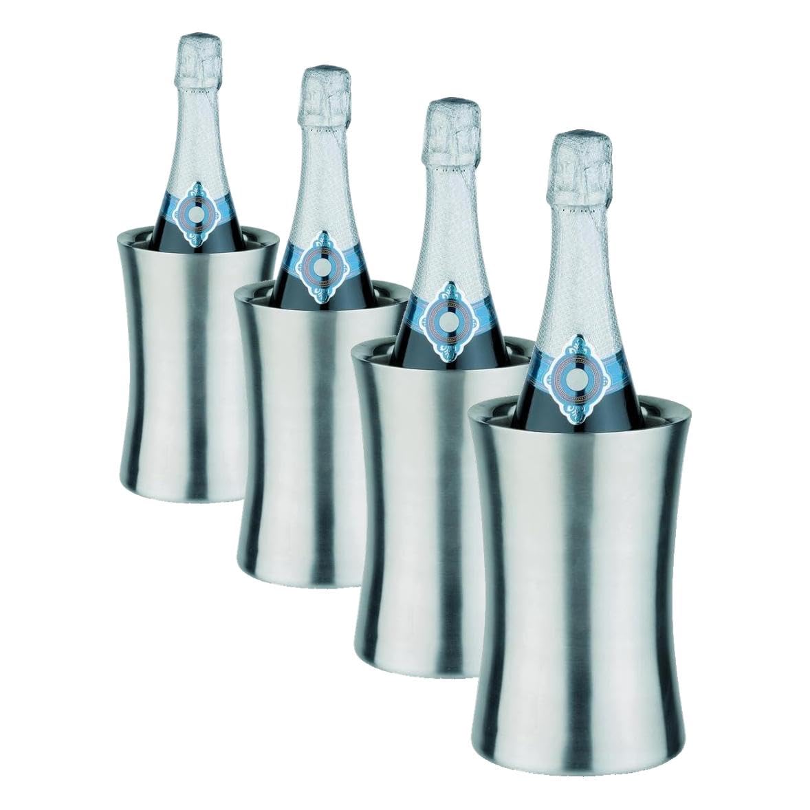 APS Flaschenkühler aus Edelstahl - seidenmatt polierter, doppelwandiger Getränkeflaschen-Kühler für 0,7-1,5 Liter-Flaschen - Abmessungen: 12,5 x 12,5 cm, Höhe: 19 cm (Packung mit 4)