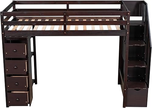 Miniatura 8 de VilroCaz Cama loft multifuncional de tamaño individual con cajones de almacenamiento y escalera marco de cama loft de madera maciza con barandilla