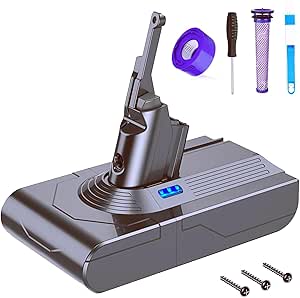 Battery for Dyson V8, FLYLINKTECH 6000mAh Replacement Battery for Dyson V8 SV10 Compatible with V8 Animal, V8 Absolute, V8 Fluffy Vacuum Cleaner with 2 Pre-filters+Cleaning Brush+Screwdriver