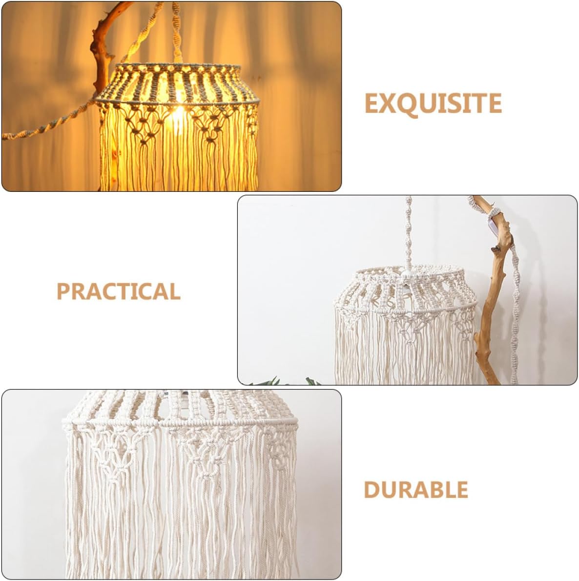 POPETPOP Boho Macrame Pendant Light Shade Woven Rope Lampshade for Living Room Bedroom and Home Decor Chic Ceiling Light Cover for Warm Ambiance and Relaxing Atmosphere