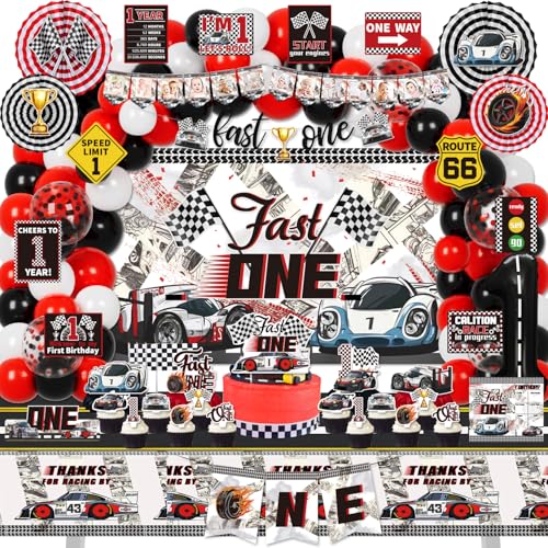 KOTLMIGHT Fast One Birthday Decorations for Boys 1st Race Car Theme Party Decor Supplies for Baby - Backdrop Photo Banner Tablecloth Fast One Centerpieces Flags Fans Pompoms Wall Signs