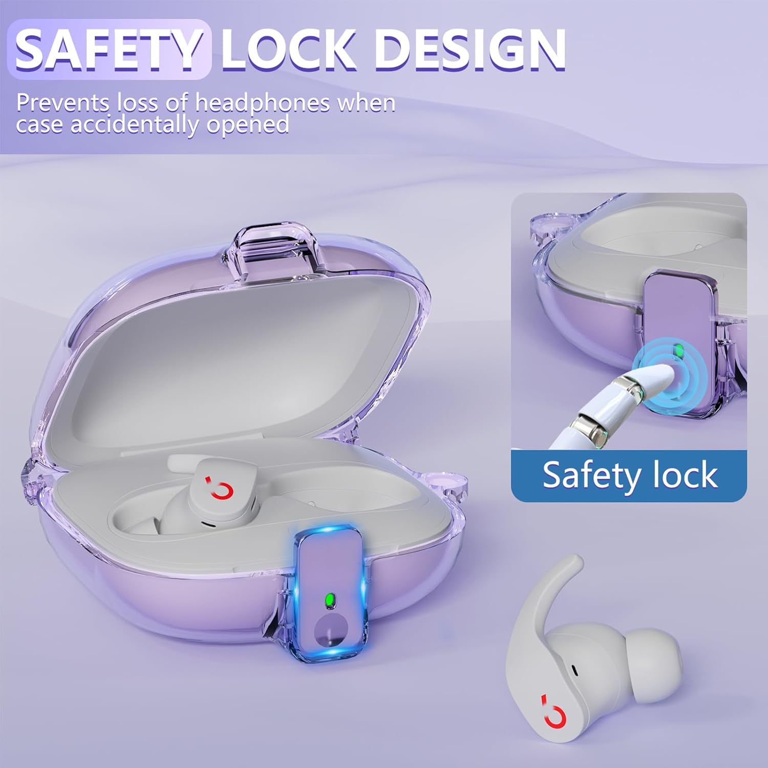 [with Safety Lock] for Beats Fit Pro Case Cover,Clear Case for Apple Beat Fit Pro 2021,Beat Fit Pro Accessories with Anti-Lost Keychain/Silicone Wrist Strap(Clear Purple) - Image 3