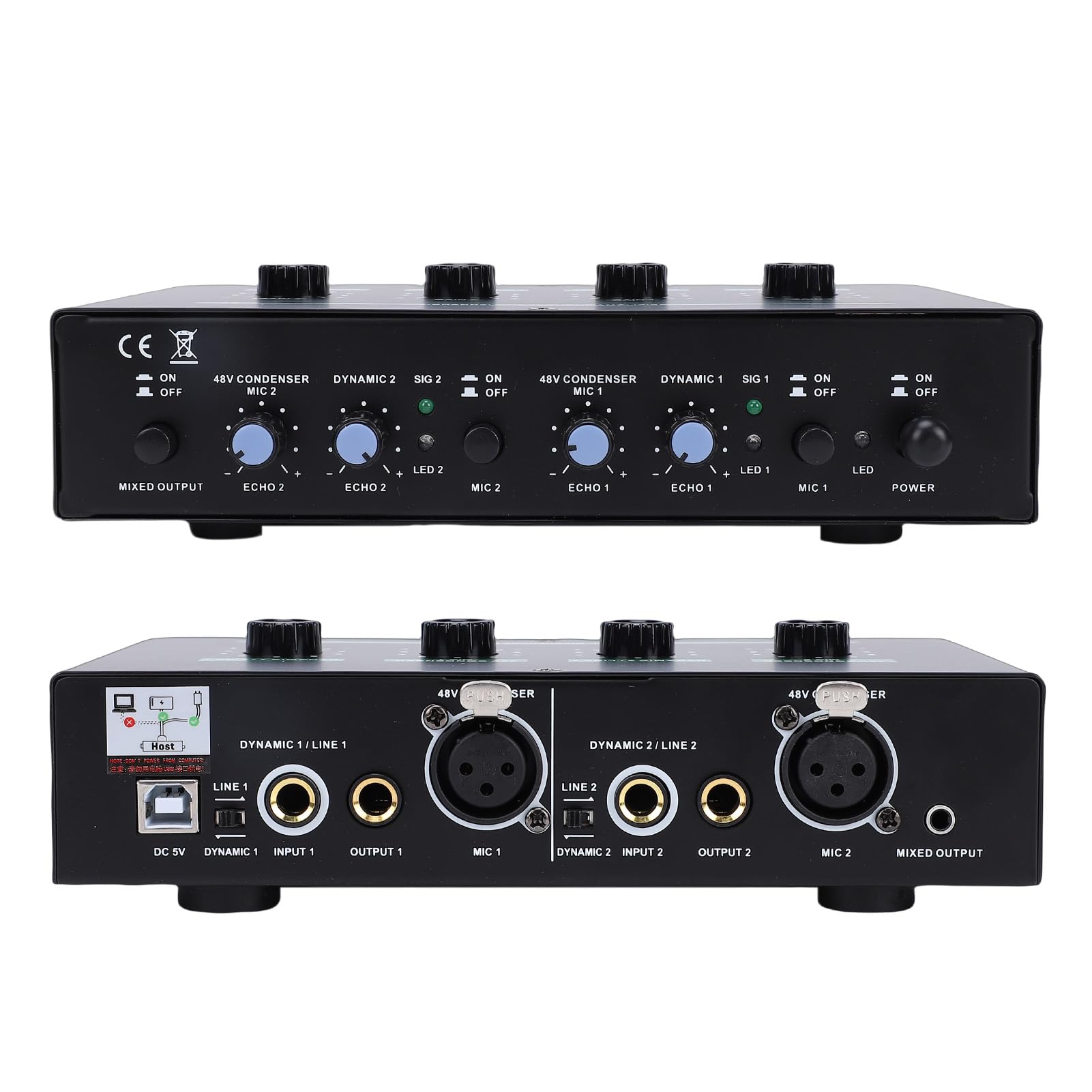 Asixxsix Zasilacz, Dwukanałowy Przedwzmacniacz Mikrofonowy 48 V o Wzmocnieniu 50 DB, Wzmacniacz Mikrofonu z Kablami 3,5 Mm 6,35 Mm do Nagrywania Muzyki Podcasting Sprzęt do Transmisji na żywo