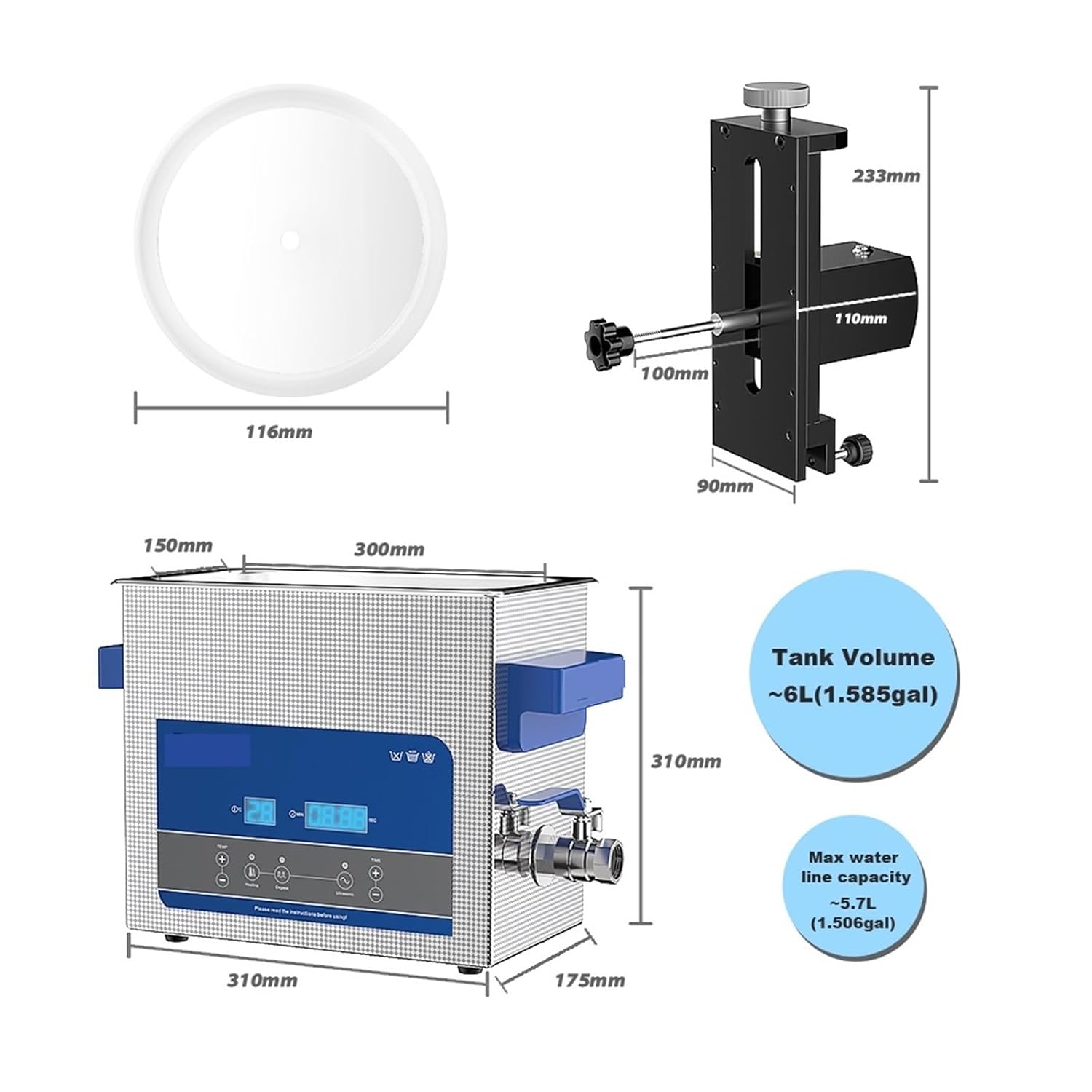 Ultrasonic Cleaners, 6L Ultra Vinyl Record Cleaner with Bracket for Cleaning 12 Inch LP 7 Inch EP Discs UP Down Slow Speed Vinyl Bracket