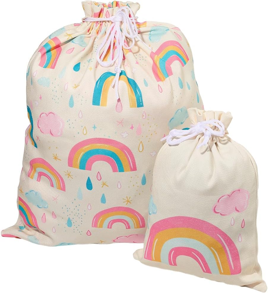 CREATCABIN 2 Sizes Rainbow Drawstring Gift Bag Pouches 20" Large 12" Small Boho Fabric Reusable Gifts Wrap Bags Treat Pouch for Present Wrapping Birthday Wedding Party Clothes Packing Storage
