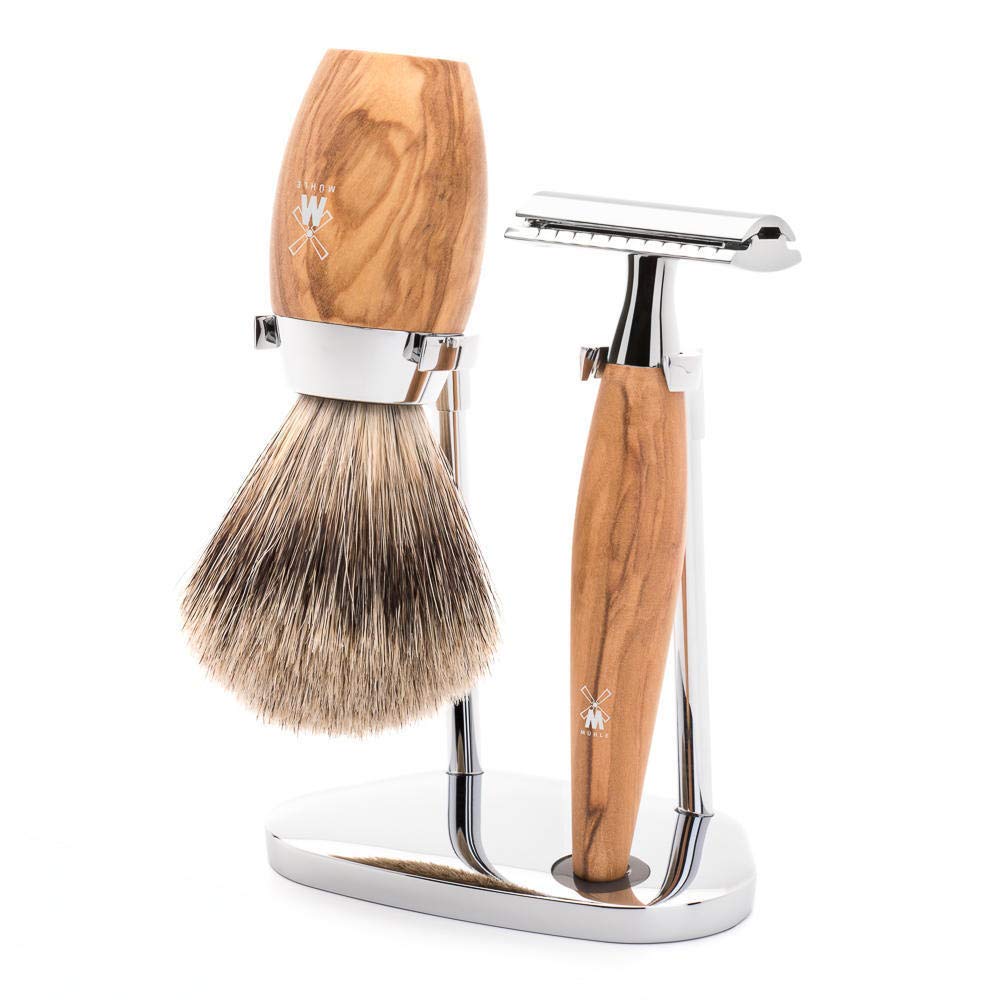 MÜHLE KOSMO Rasierset - Pinsel aus feinem Dachshaar, Rasierhobel und Halter - Griffe aus Olivenholz und Metallakzenten