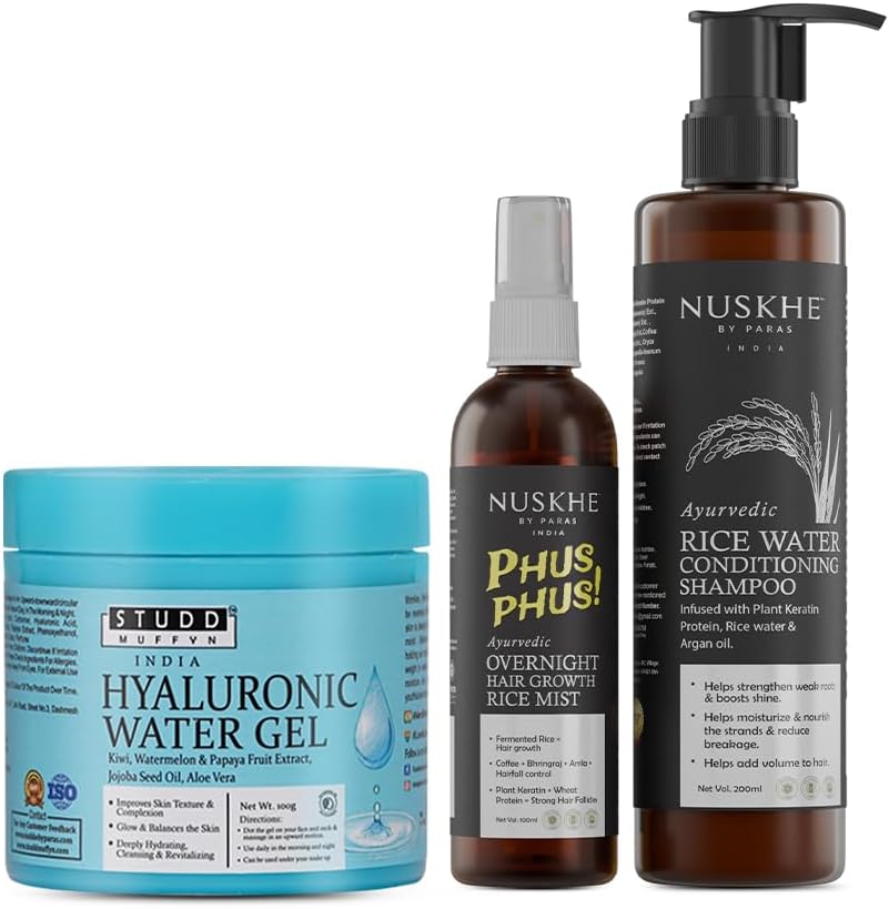 Nuskhe By Paras | Hair And Skin Care Combo | Hyaluronic Face Gel | Overnight Phus Phus Rice Hair Mist | Rice Water Conditioning Shampoo | Deeply Hydrates skin | Assists in Hair Growth | For Men & Women