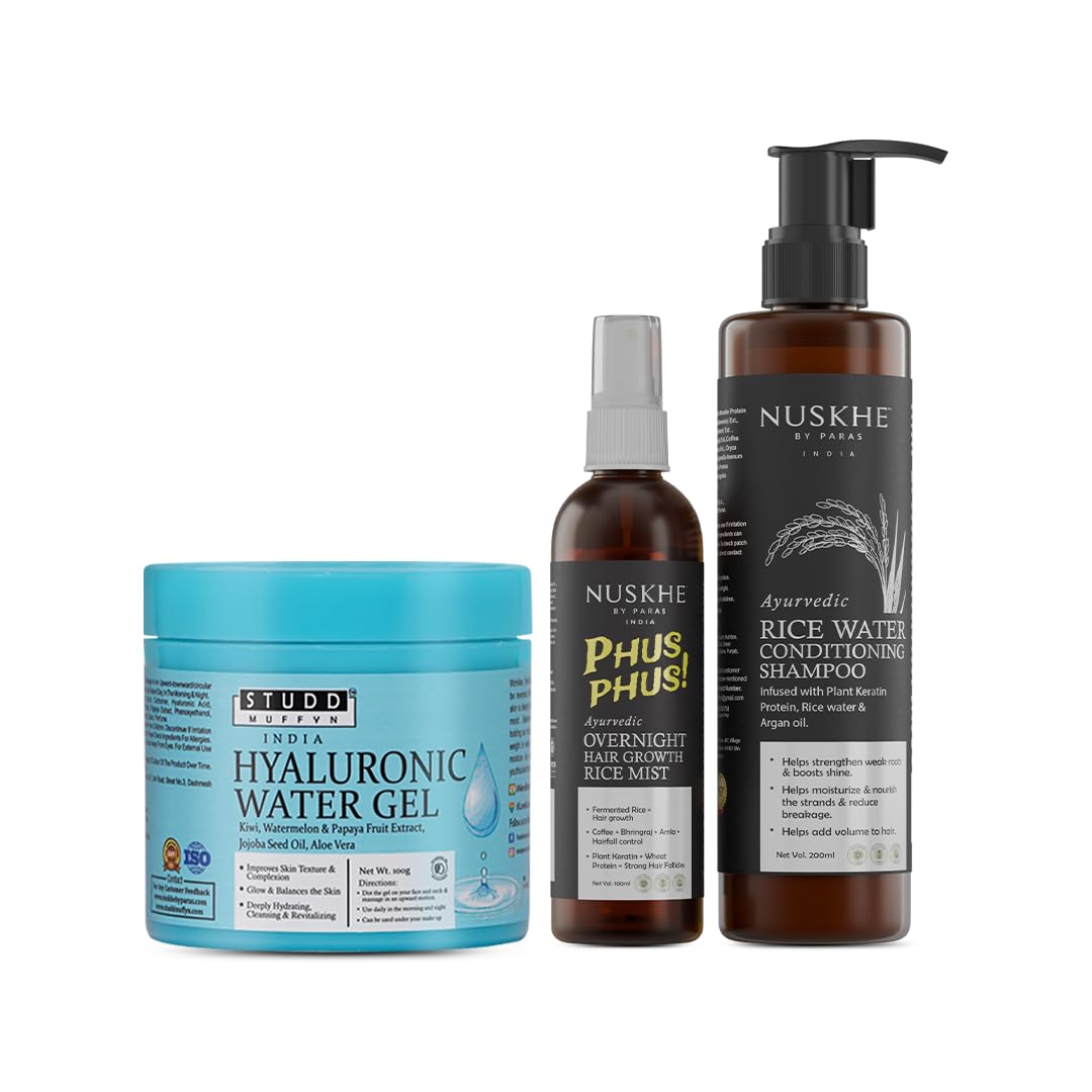 Nuskhe By Paras | Hair And Skin Care Combo | Hyaluronic Face Gel | Overnight Phus Phus Rice Hair Mist | Rice Water Conditioning Shampoo | Deeply Hydrates skin | Assists in Hair Growth | For Men & Women