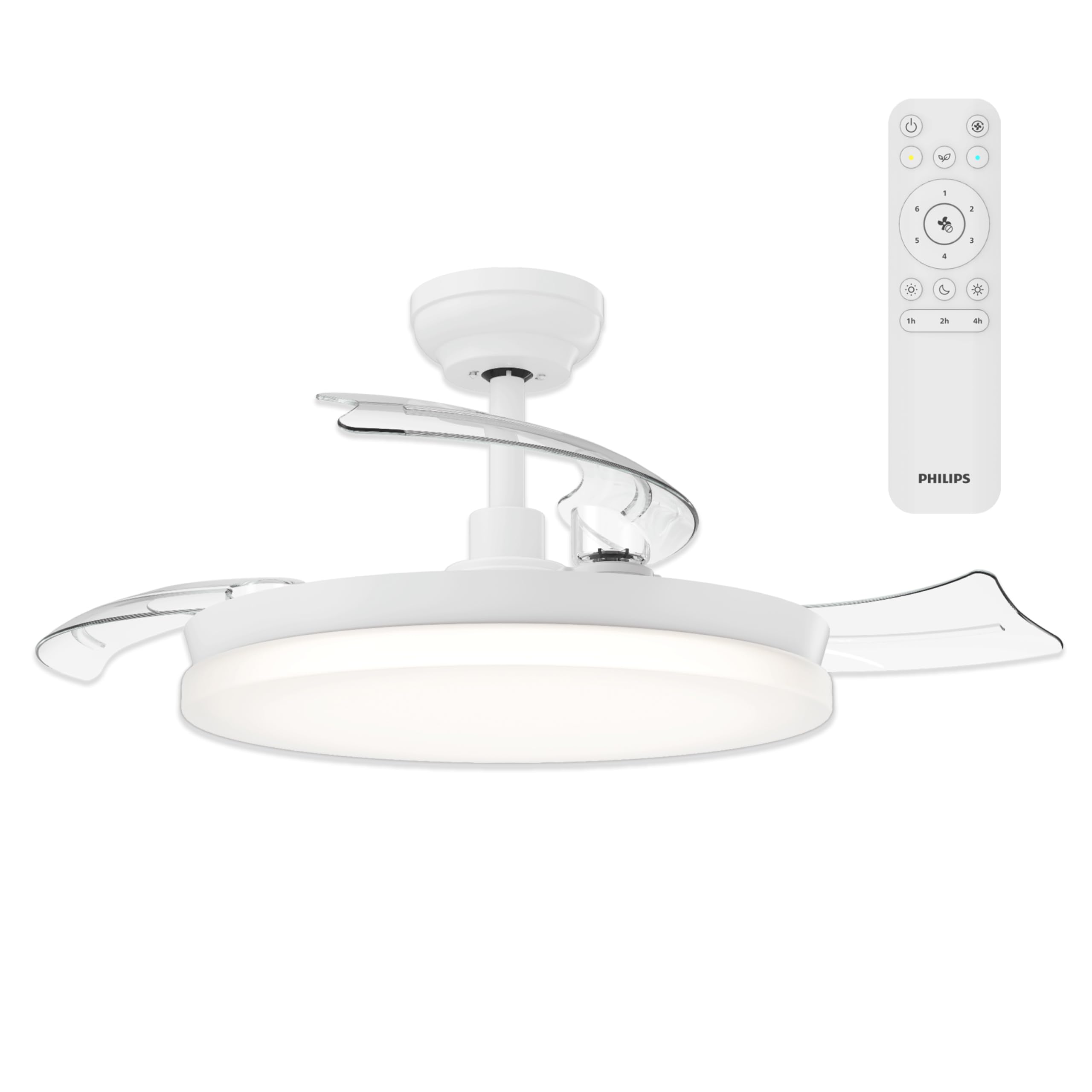 Philips Solr Ceiling Lamp with Retractable Blade Fan with LED, 3 Blades, 106 cm, 4500 Lumens, White Light Three Tone (2700K/4000K/5500K), 10% Dimmable, Remote Control, White