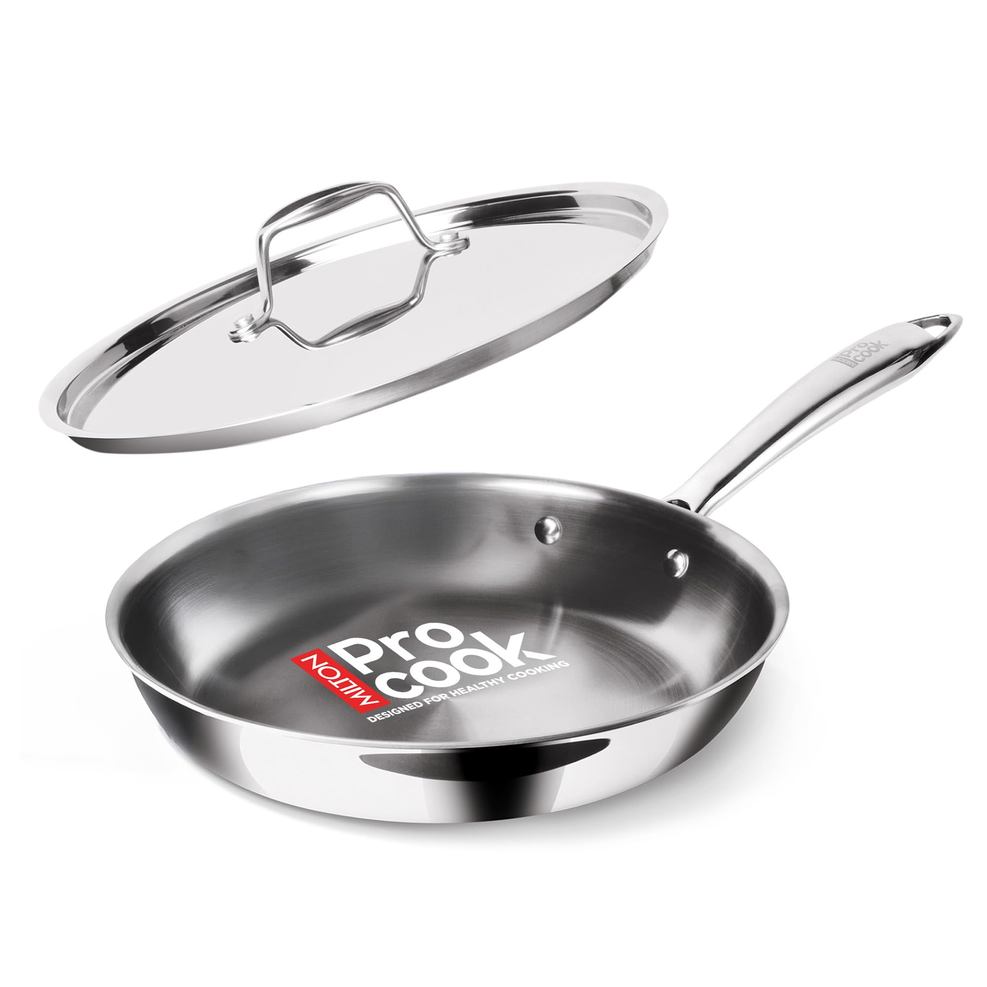 MILTON Pro cook Induction Cookware & Gas Stove Friendly 22 cm Triply Stainless Steel Frying Pan with Lid & Handle | 3 Layer Heavy Bottom Skillet | Fish Fry Pan | Omelette Pan, Egg Pan | 3 Y Warranty