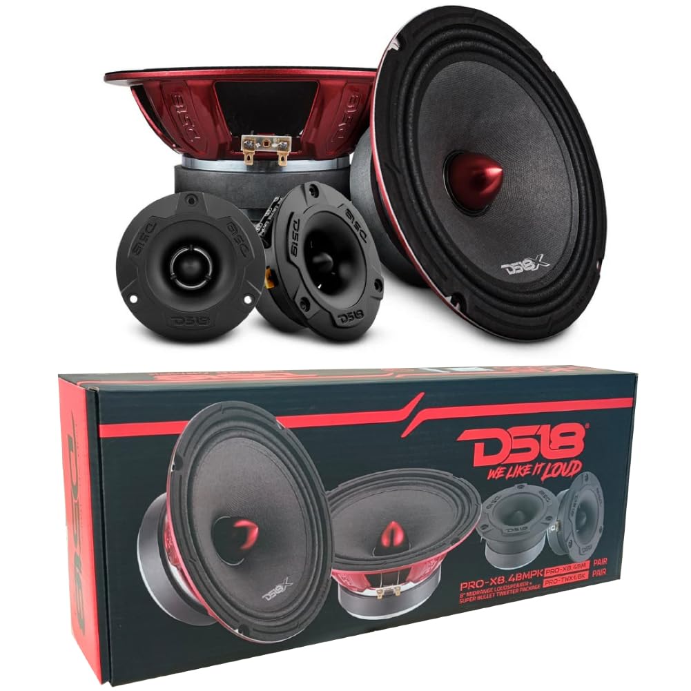 KIT Set pour DS18 Pro-X8.4BMPK, Système de Haut-parleurs 2 Voies 20 cm 200 mm 8", 275 Watts RMS, 550 Watts Max, avec 2 woofers et 2 tweeters, 4 ohms, pour Voiture, kit par Paire