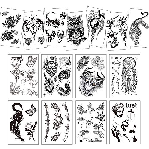 HOWAF 15 Large Sheets Temporary Tattoos for Adults Men Women Flower Butterfly Dragon Lion Wolf Fake Tattoos Scorpion Owl Tiger Arm Tattoos Black Tatoo Stickers for Chest Shoulder Back
