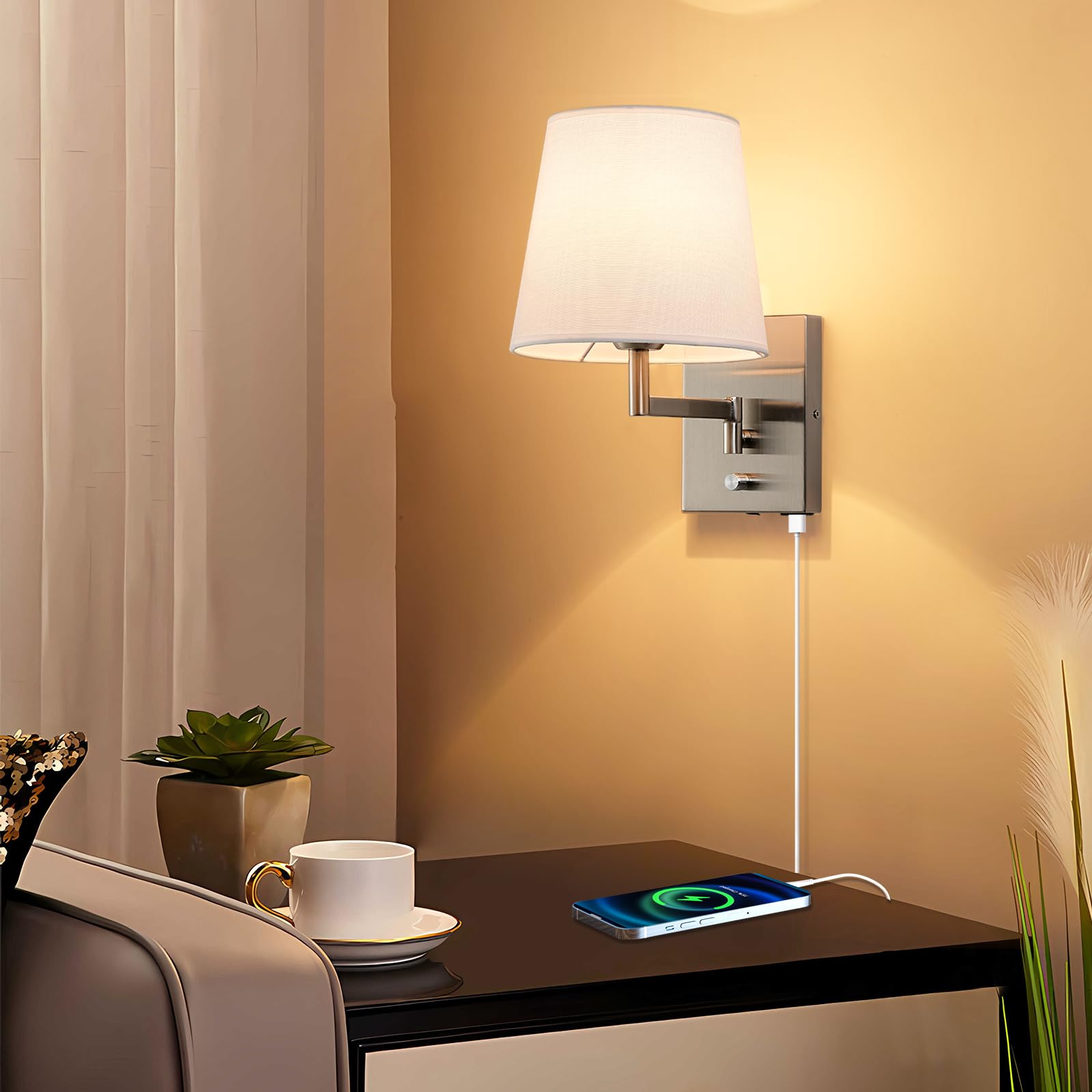 Bedside Wall Lamps Swing Arm Wall Lamp With Dimmable Switch, USB