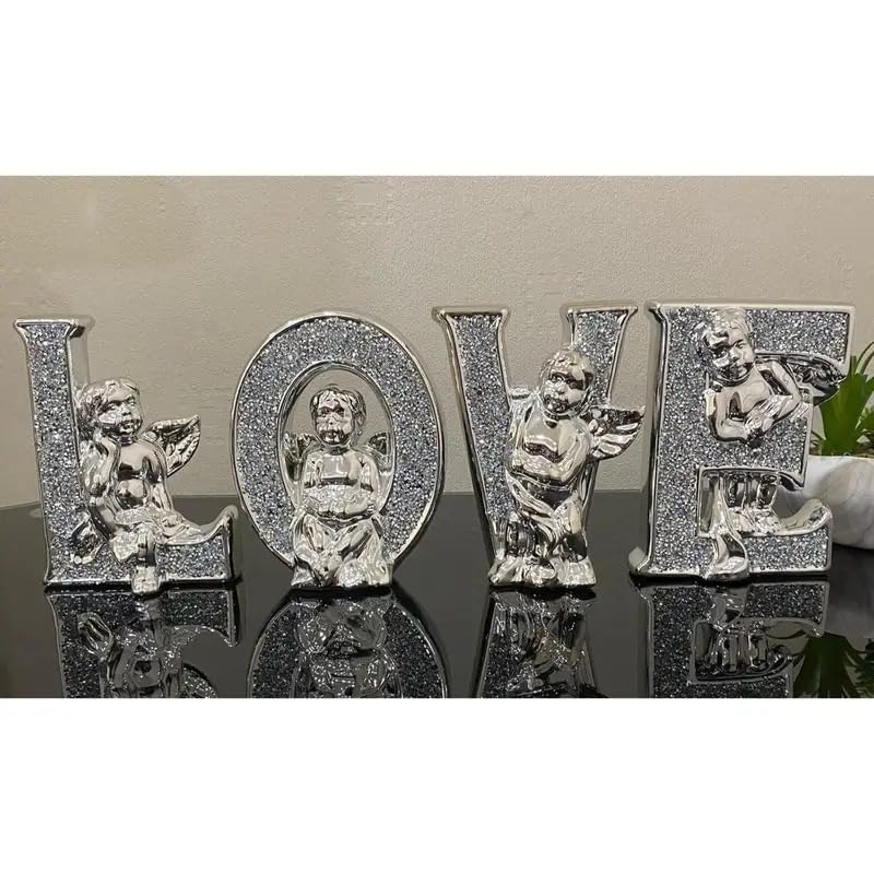 Letras decorativas de amor plateadas con querubines y cristal de 17 cm
