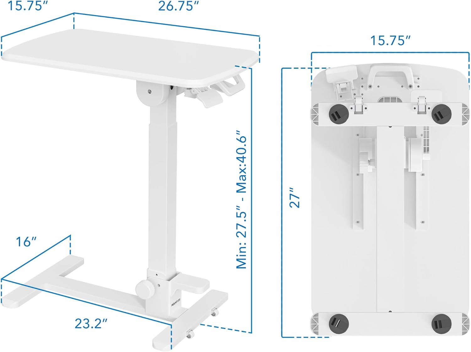 Mount-It! Foldable Overbed Table with Wheels – Height Adjustable Rolling Bedside Table, No Assembly Required, Ultra-Low Profile Base Fits Under Beds & Sofas, for Home and Hospital Use
