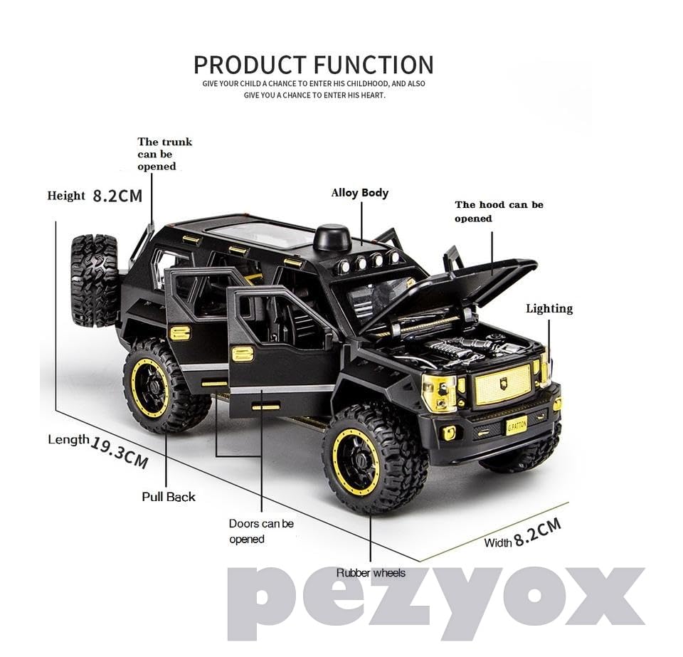 Image of 1 /24 Big G Patton Toy Car Metal Pull Back Diecast Car with Openable Door and Sound Light, Gifts Toys for Kids (Black)