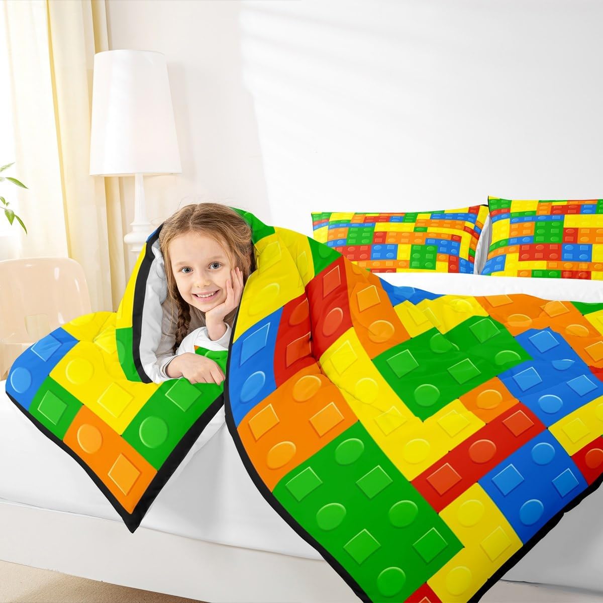 Castle Fairy Kids Games Comforter Set Queen Size Construction Bedding Sets 3Pcs for Child Boys Girls Room Decor, Color Building Blocks Gaming Quilt Set with 2 Pillowcases Soft Microfiber