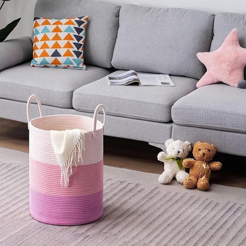 Image of Large Basket Natural Cotton Rope Storage Basket and Hamper for Cloths and Multi Usage in Living Room, Bedroom, Laundry Room (Size - 14 inch x 14 inch x 16 inch) (Pink Tiranga)