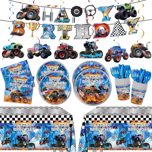 177pcs Monster Truck Birthday Decorations Plates Napkins Disposable Tableware Set Include Plates Napkins Cups Cutlery Banner Hanging Swirls Tablecloth for Monster Truck Party Supplies Serve 24