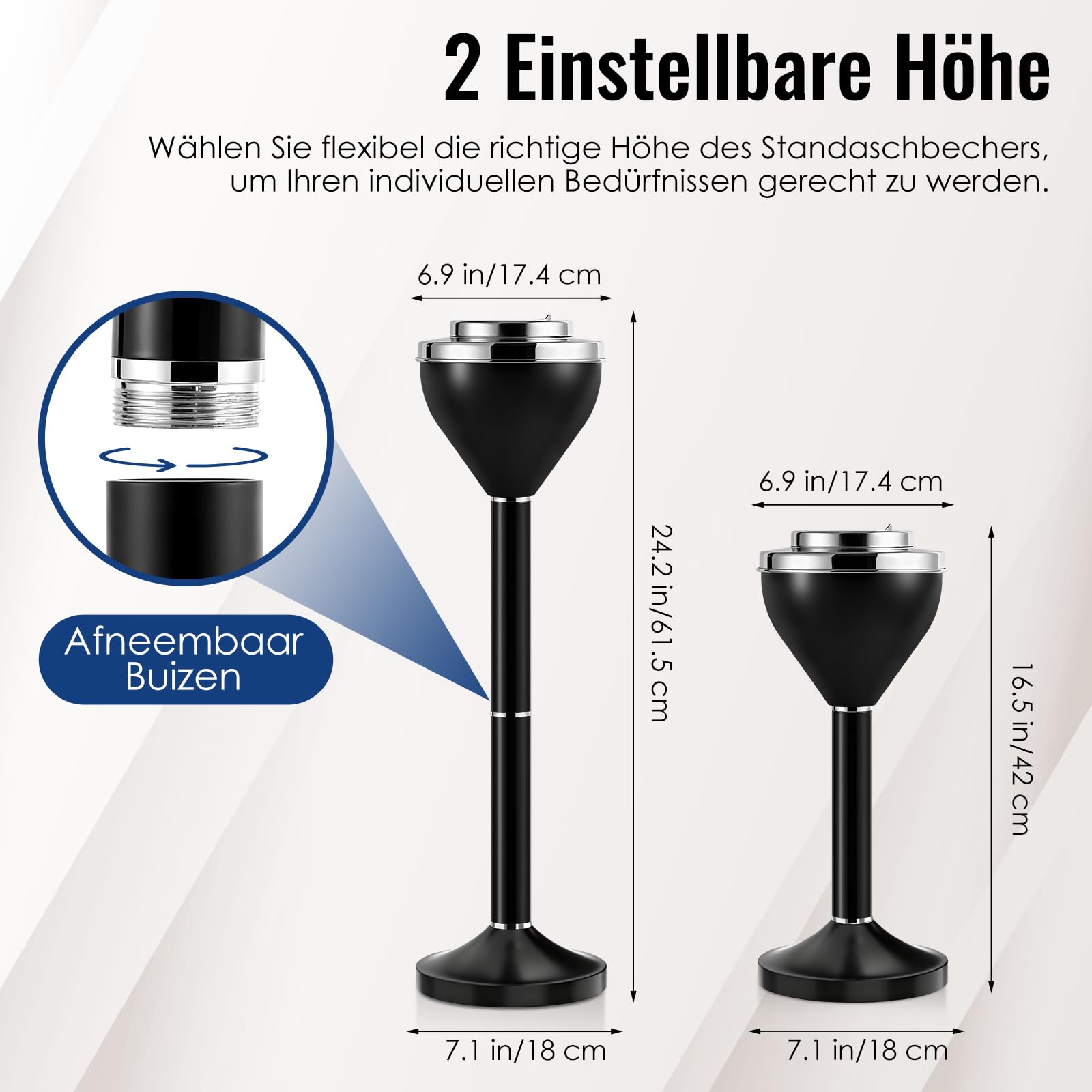 Aschenbecher, Stand Aschenbecher für draussen, 42 & 61.5 cm Verstellbarer Aschenbecher mit Deckel, Schwarzer Standaschenbecher Für draußen, Afneembare Standaschenbecher mit Zware Basis für Haus, Büro