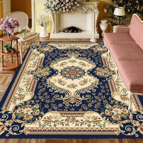 Déco salon bleu grand tapis antidérapant et résistant