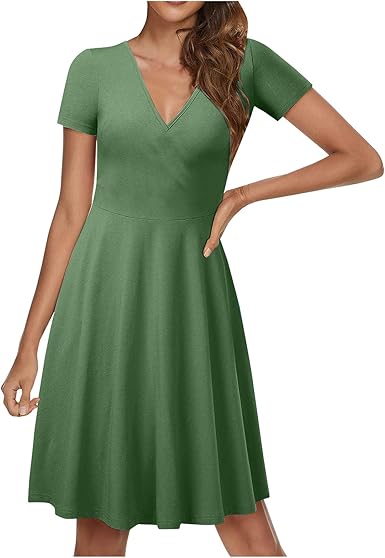 Szitop Sundresses For Women Casual Short Sleeve V Neck Ruffle Dress Summer Solid High Waisted A Line Swing Flowy Beach Dress At Amazon Women S Clothing Store