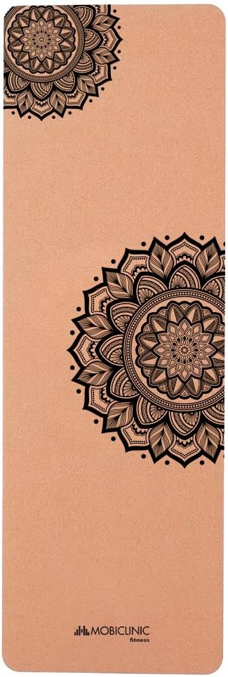 Mobiclinic®, Yoga Mat Natural Cork, Anti-slip, Carrying Bag, Antimicrobial, 4mm Thick, 100% Recyclable TPE, Ecological,183x61cm, Mandala Design, EY-02, Yoga, Pilates, Fitness