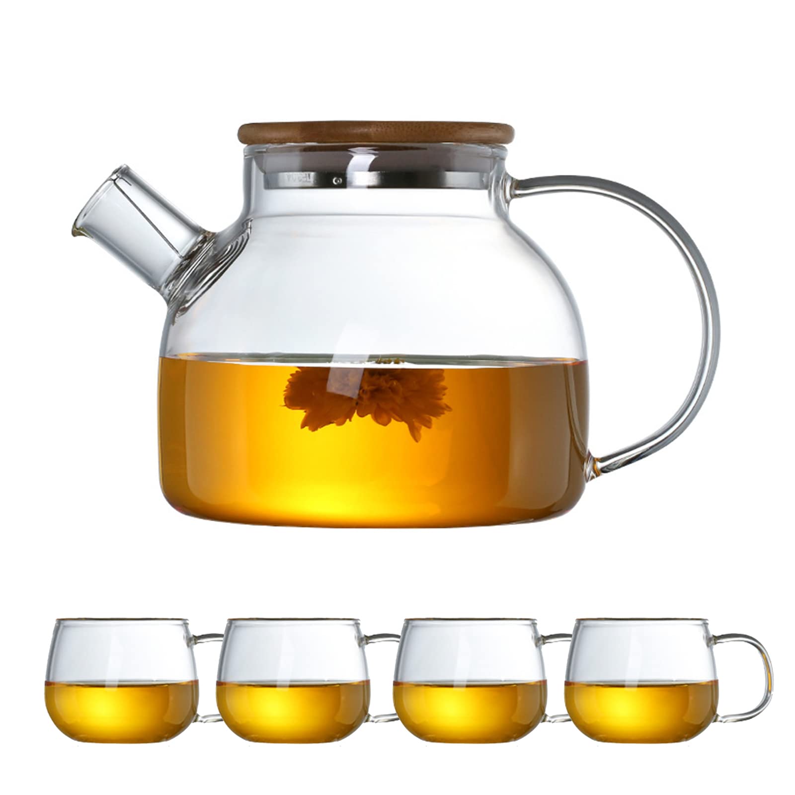 xixi-home Glass Teapot 1800ml Borosilicate Glass Tea Pots Sets Tea Pot for Blooming Tea with Strainer Stovetop Safe Tea Kettle, for Home Kitchen Tea Coffee (1000ml+4pcs Cups)