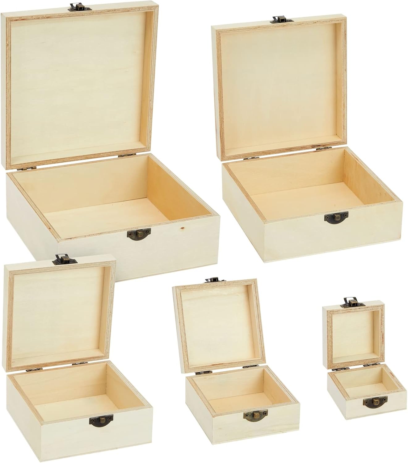 Juvale 5 Pack Unfinished Wooden Boxes for Crafts, Wood Nesting Boxes with Hinged Lids (Natural, 5 Assorted Sizes)