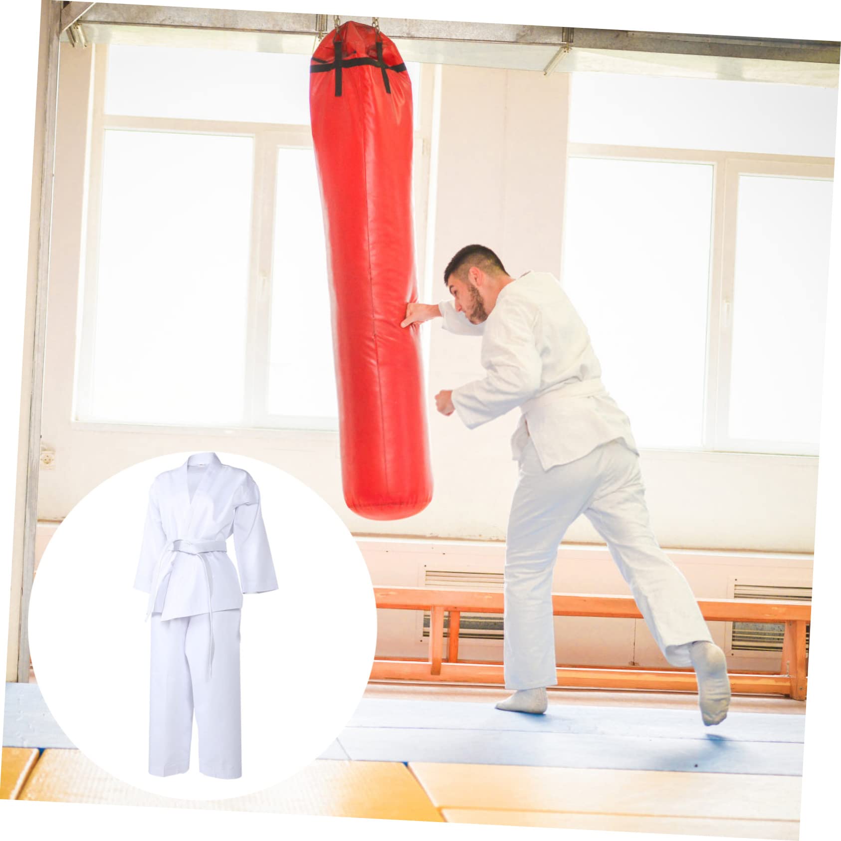Uniforme de Karate Cinturón Elástico en Poliéster para Adultos y Cordones en Pantalones, Traje Resistente Blanco para Entrenamiento y Competición