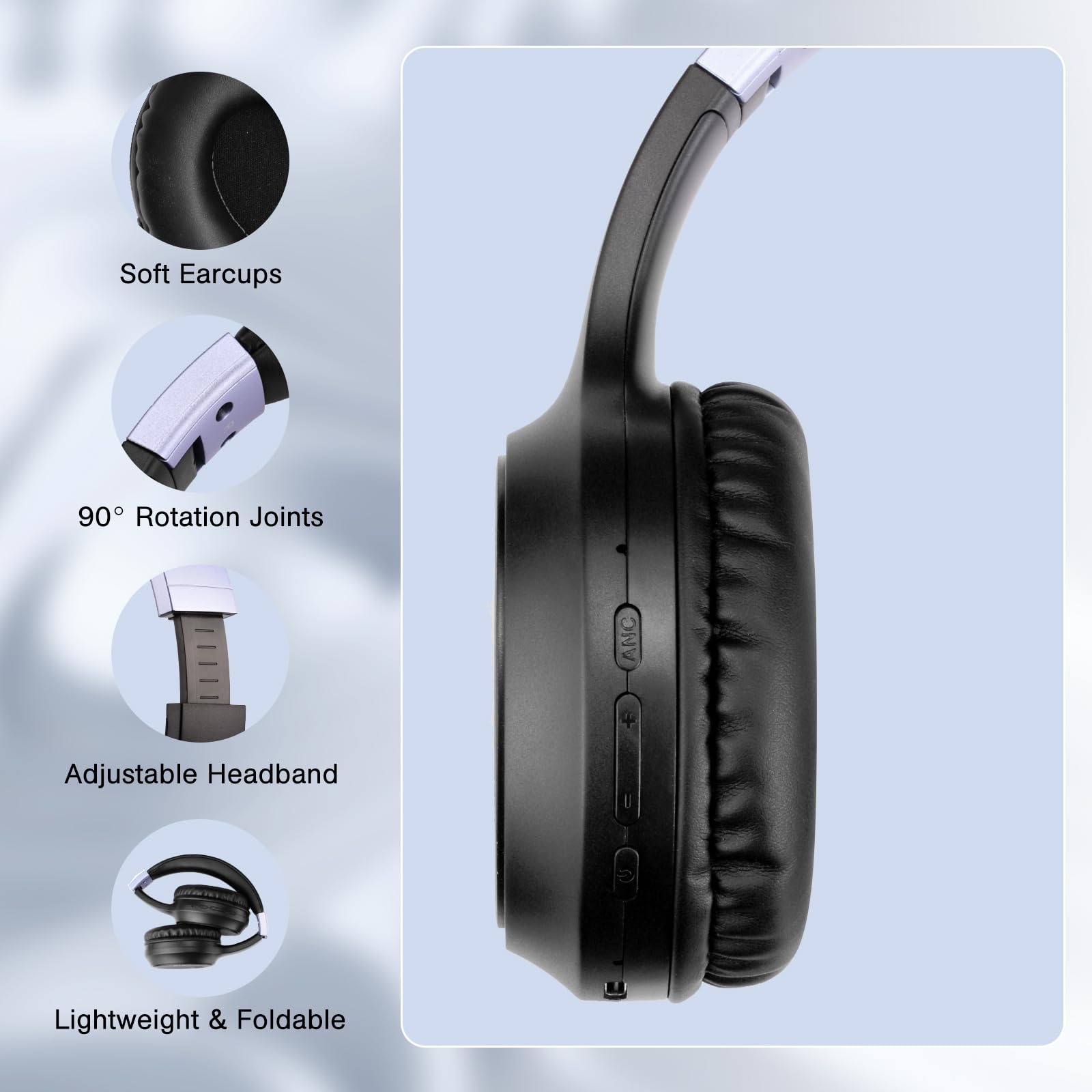FAAEAL Casque Bluetooth supra-auriculaire à réduction de bruit, 68 heures de lecture, casque sans fil avec micro, casque pliable léger avec basses profondes, son stéréo HiFi pour voyage, travail,