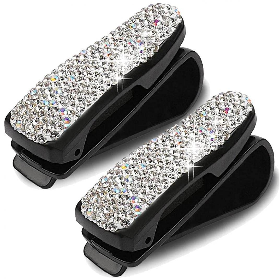 Onsinic White 2 Pcs Bling Glasses Holders For Car Visor, Sparkling Diamond Crystal Rhinestone Sunglasses Eyeglasses Holder Clip Hanger Mount With Ticket Card Clip